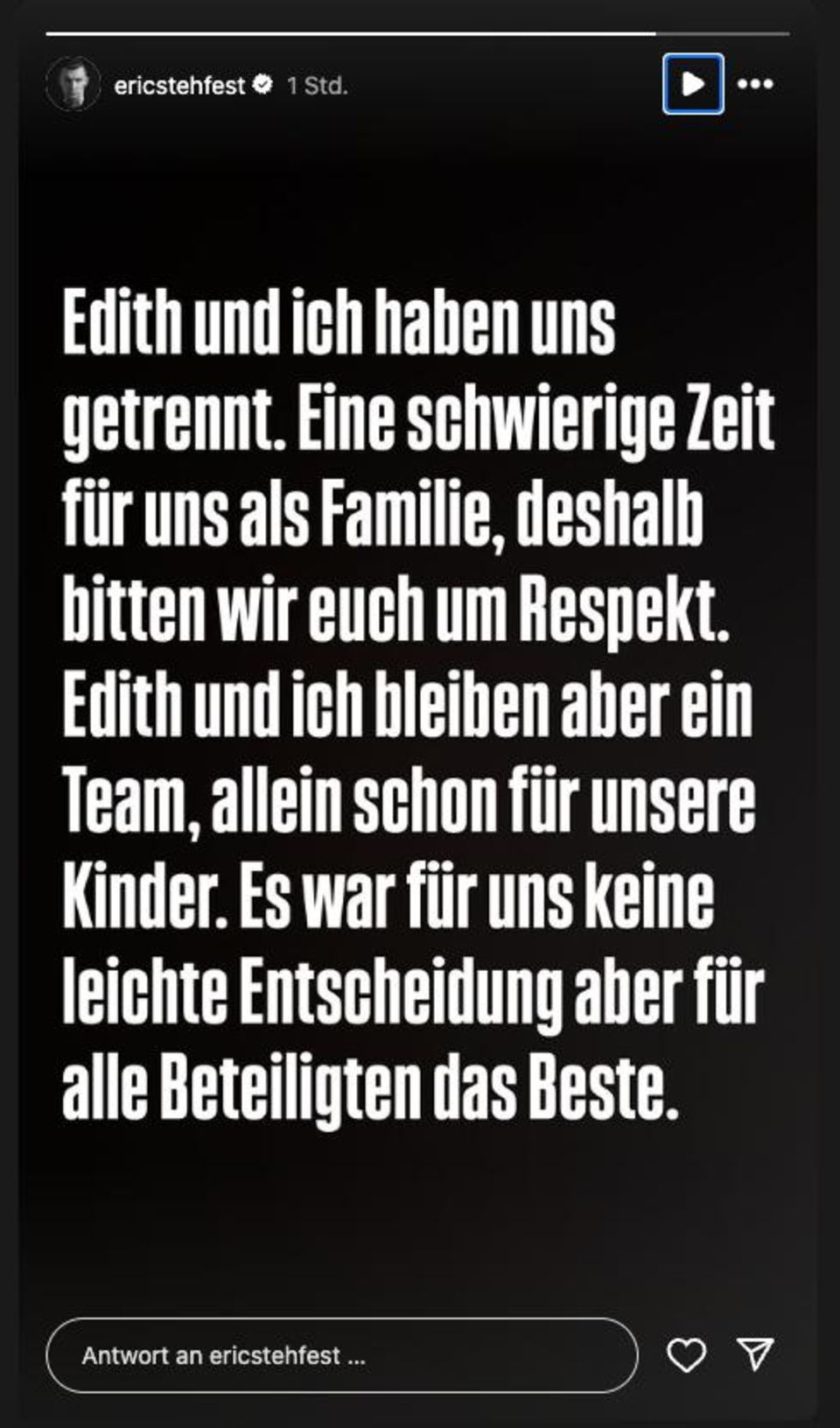 Eric Stehfest postete dieses Statement in seiner Instagram Story