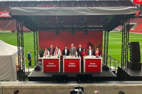 Die drei Kandidatenteams für den neuen Vorstand beim 1. FC Köln. Foto: Jana Glose/dpa