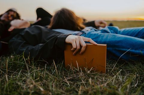 Bücher: Ein Paar liegt im Herbst mit einem Buch auf einer Wiese