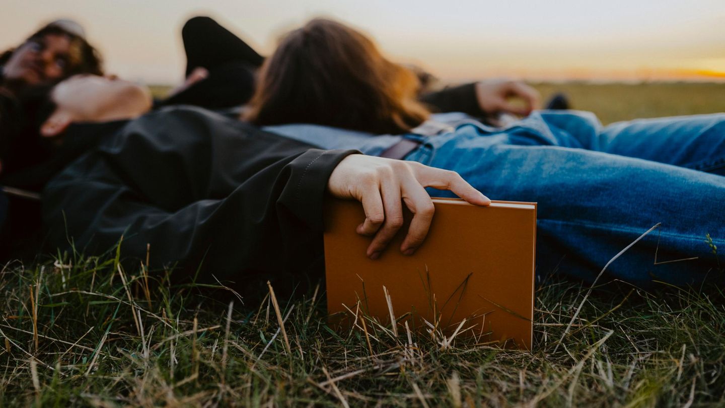 Bücher: Ein Paar liegt im Herbst mit einem Buch auf einer Wiese