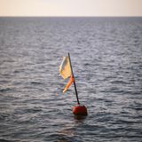 Eine Boje im Meer mit Fahne