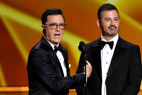 Kennen und mögen sich: Die beiden Talkshow-Hosts Stephen Colbert (l.) und Jimmy Kimmel.