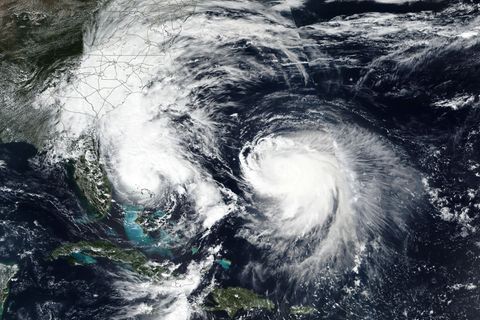 Die Hurrikane "Humberto" und "Imelda" wirbeln durch den Nordatlantik. Foto: Uncredited/NASA Worldview/AP/dpa