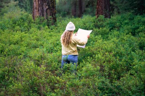 Eine Frau mit Karte im Wald