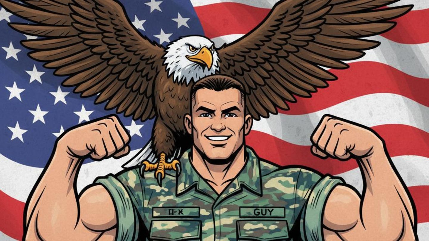 KI-generierte Comic-Darstellung eines muskulösen US-Soldaten mit einem Weißkopfseeadler auf der Schulter