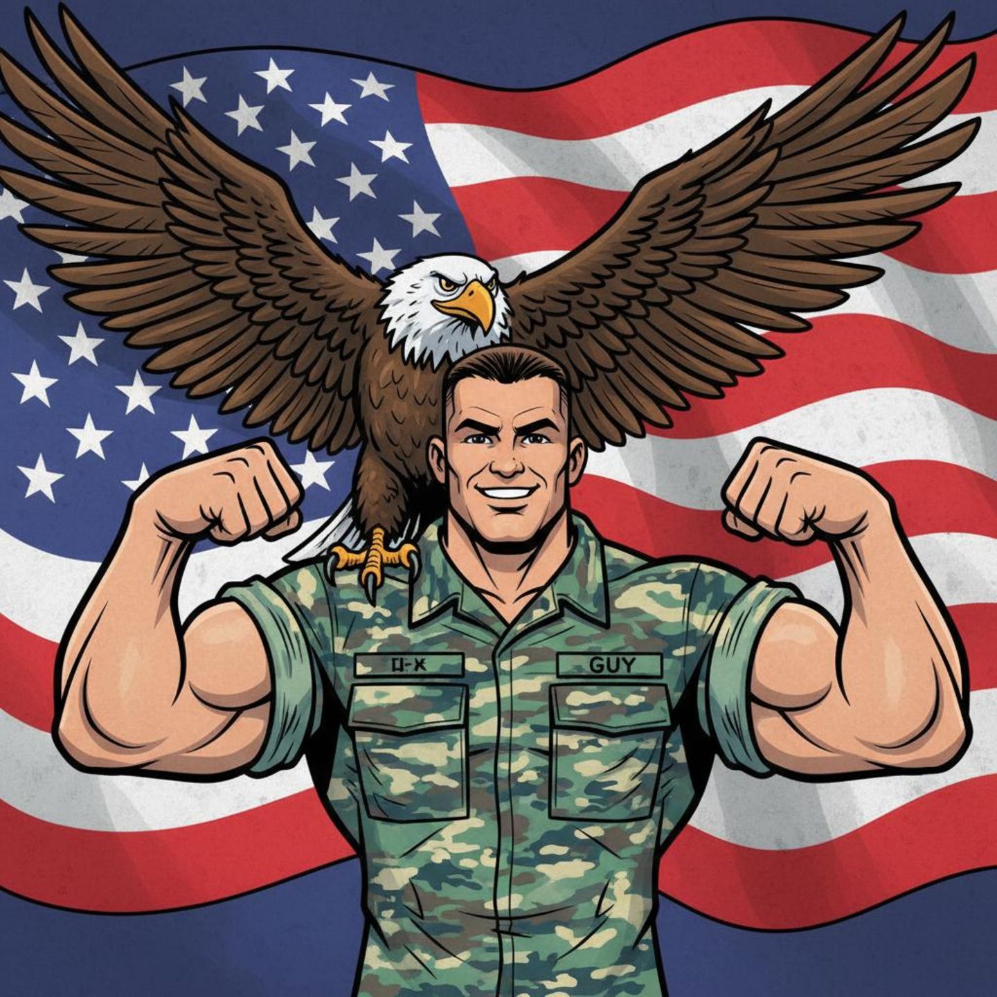 KI-generierte Comic-Darstellung eines muskulösen US-Soldaten mit einem Weißkopfseeadler auf der Schulter