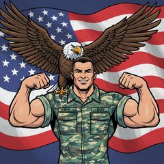 KI-generierte Comic-Darstellung eines muskulösen US-Soldaten mit einem Weißkopfseeadler auf der Schulter
