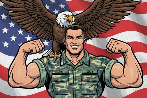 KI-generierte Comic-Darstellung eines muskulösen US-Soldaten mit einem Weißkopfseeadler auf der Schulter