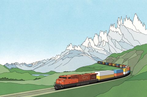 Illustration eines Zugs, im Hintergrund sind Berge zu sehen, die wie eine Aktienkurve aussehen