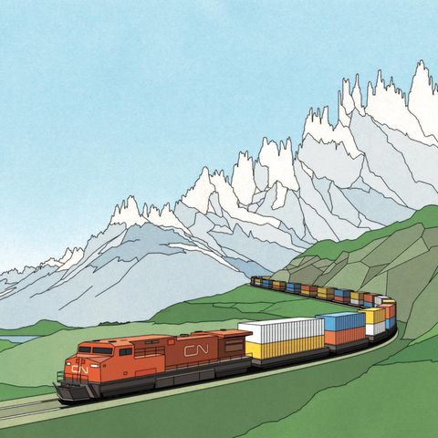 Illustration eines Zugs, im Hintergrund sind Berge zu sehen, die wie eine Aktienkurve aussehen