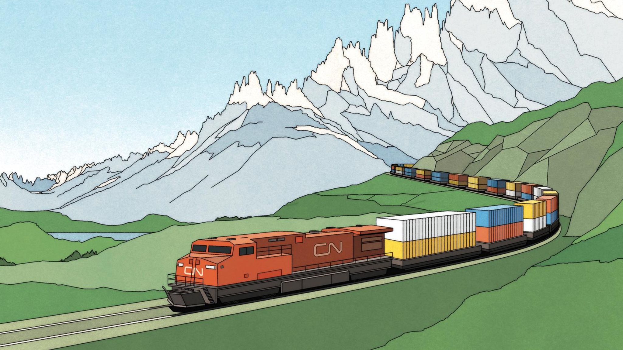 Illustration eines Zugs, im Hintergrund sind Berge zu sehen, die wie eine Aktienkurve aussehen