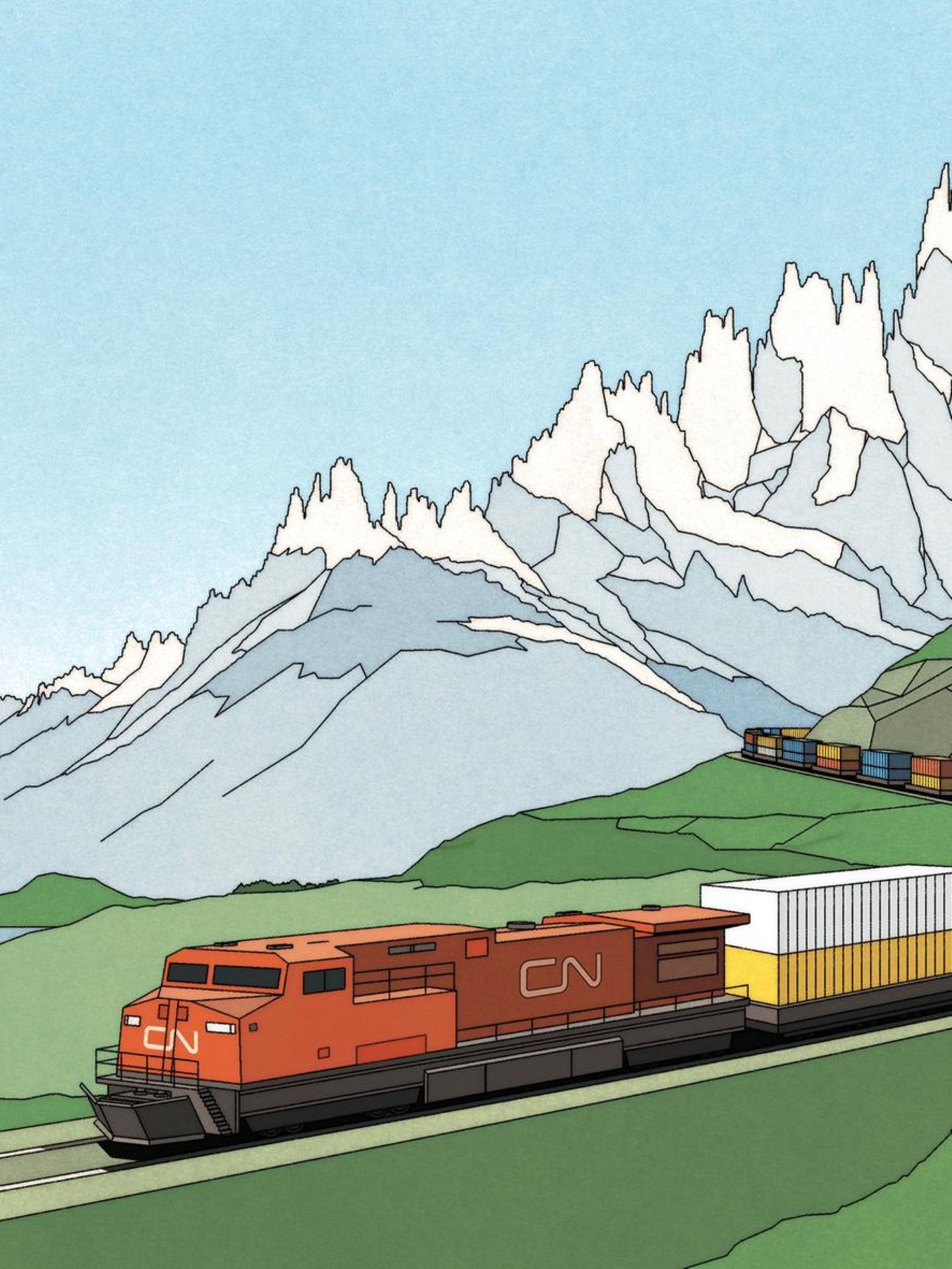 Illustration eines Zugs, im Hintergrund sind Berge zu sehen, die wie eine Aktienkurve aussehen