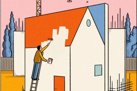 Illustration Immobilienkauf: Ein Mann streicht ein Haus