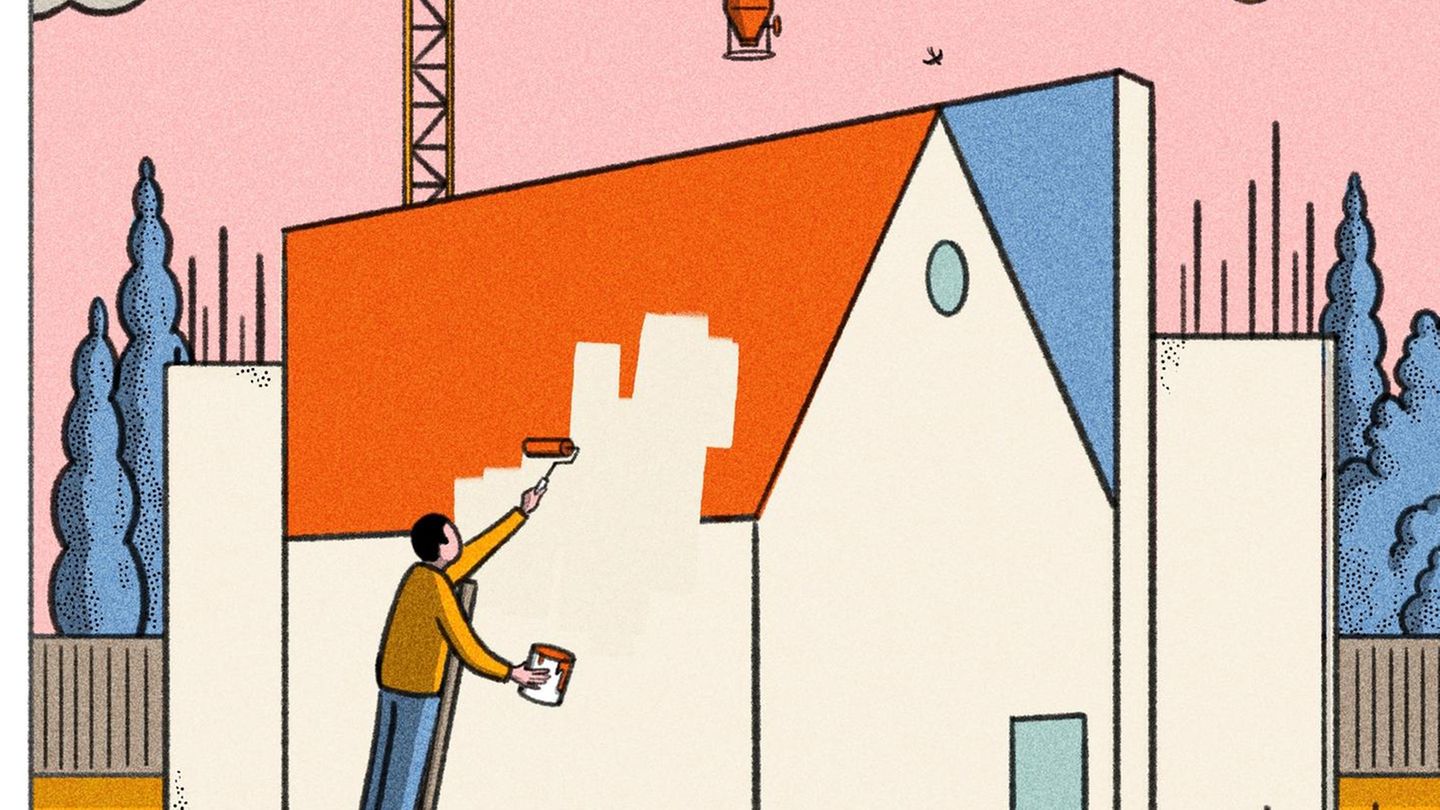 Illustration Immobilienkauf: Ein Mann streicht ein Haus