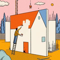 Illustration Immobilienkauf: Ein Mann streicht ein Haus