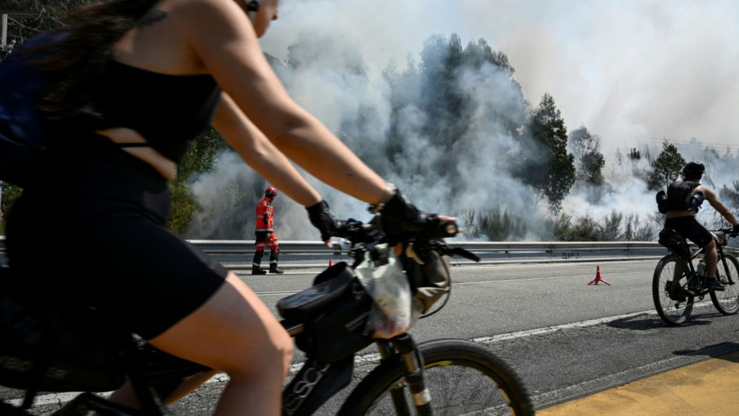 Fahrräder am Rande eines Waldbrands in Nordwestspanien im August