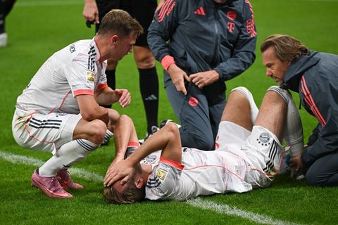 Harry Kane hat sich beim Bayern-Sieg in Frankfurt offenbar nicht schwerer verletzt. Foto: Arne Dedert/dpa