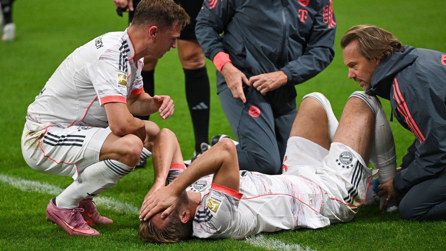 Harry Kane hat sich beim Bayern-Sieg in Frankfurt offenbar nicht schwerer verletzt. Foto: Arne Dedert/dpa