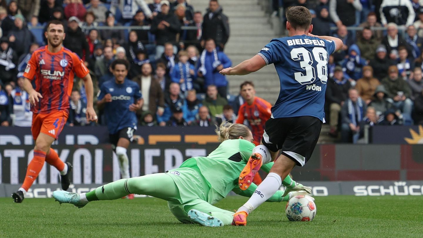Schalkes Torwart Loris Karius rettet einen Schuss von Bielefelds Marius Wörl. Foto: Friso Gentsch/dpa