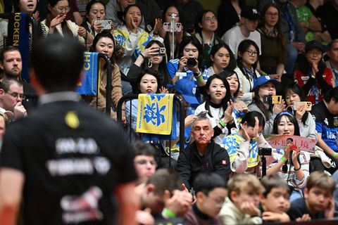 Tischtennis-Star Fan Zhendong vom 1. FC Saarbrücken und seine chinesischen Fans. Foto: Carmen Jaspersen/dpa