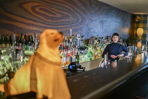 Die Bar "Green Door" mit langem Holztresen beschreibt sich selbst als American Bar und befindet sich in Berlin in der Winterfeld