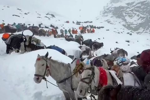 Wanderer sitzen am Mount Everest fest. Foto: Lingsuiye/Xinhua/AP/dpa