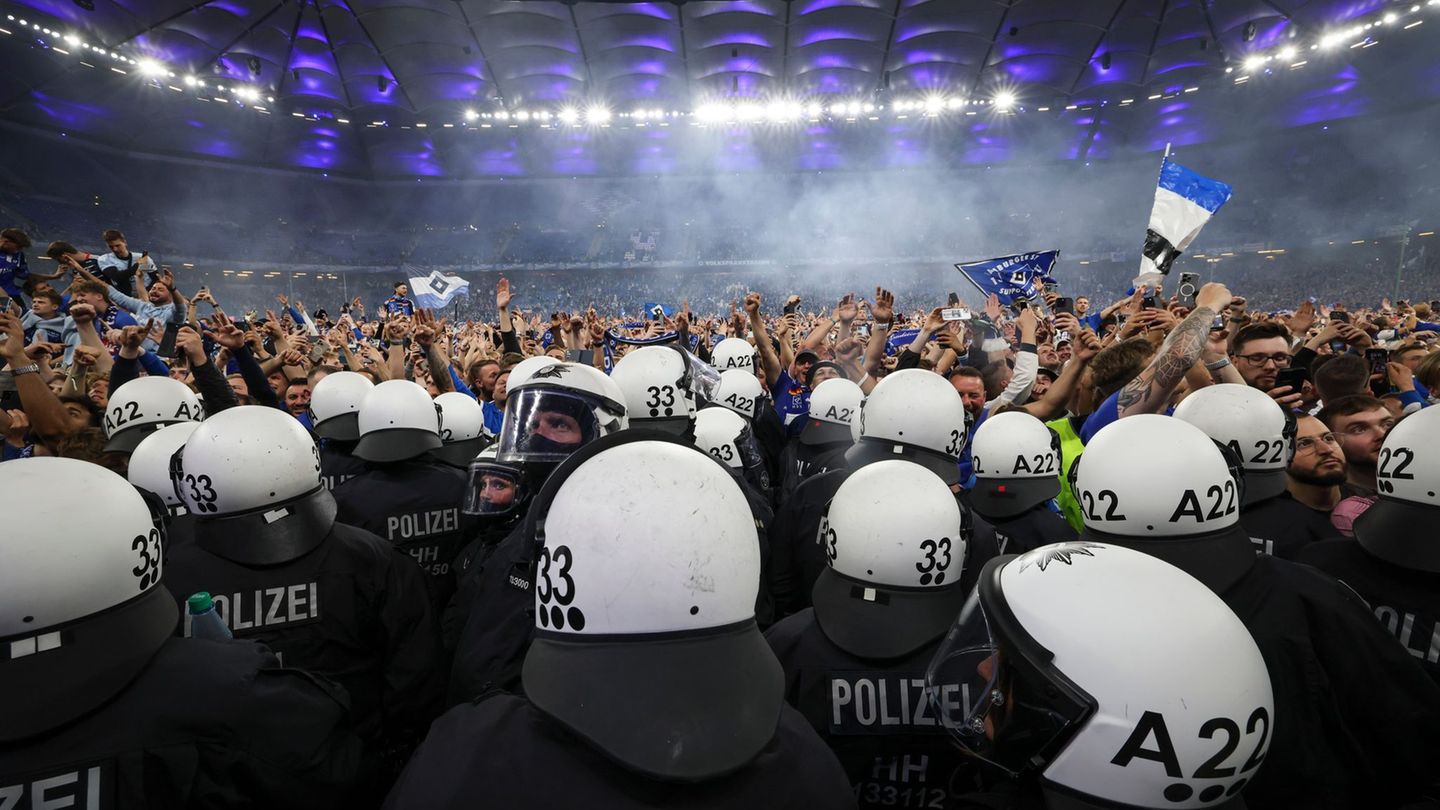 Polizisten bei einem Fußballspiel des HSV. (Archivfoto) Foto: Christian Charisius/dpa