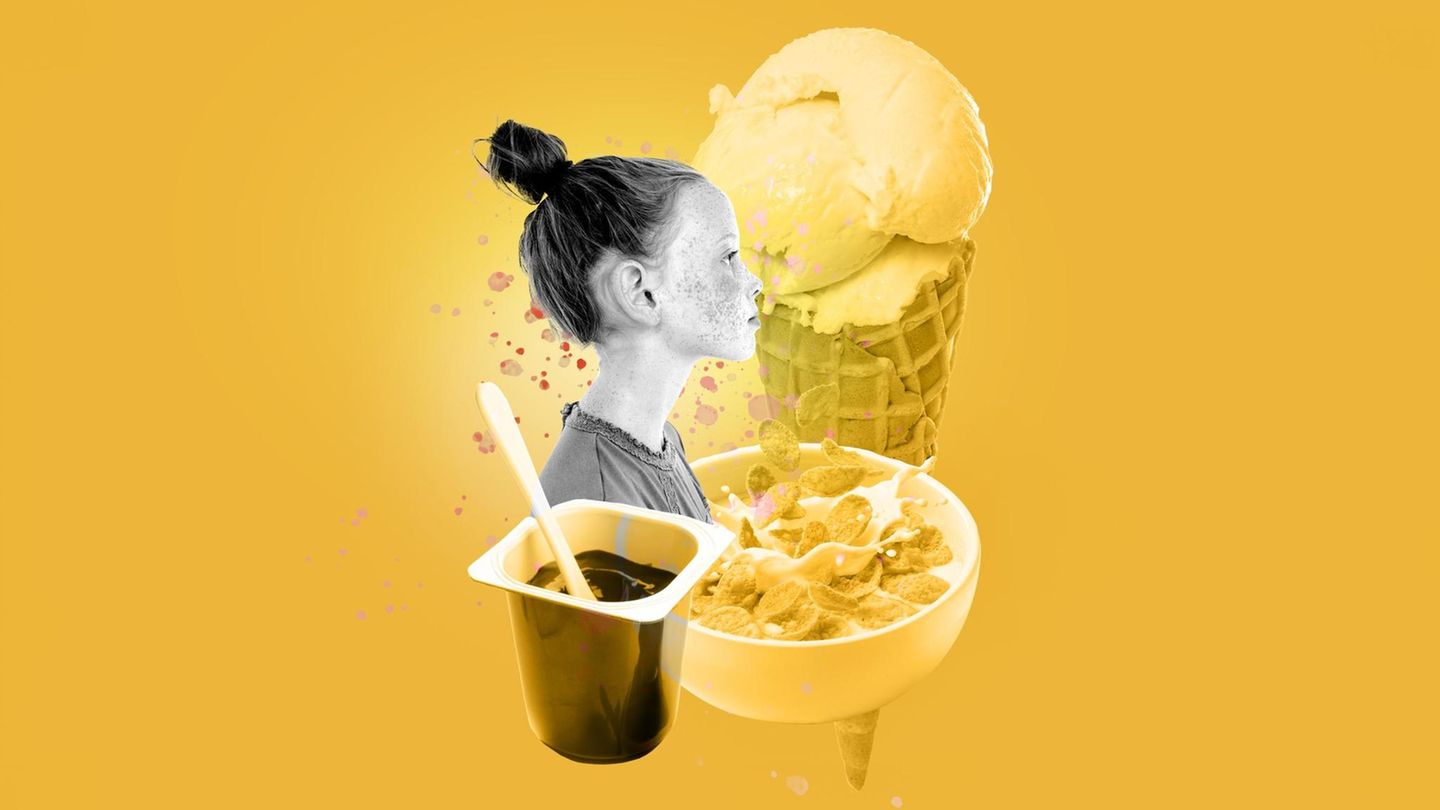 Illustration: Ein Mädchen mit Cornflakes, Eis und Pudding. Es hat Knieschmerzen Illustration: Ein Mädchen mit Cornflakes, Eis und Pudding. Es hat Knieschmerzen
