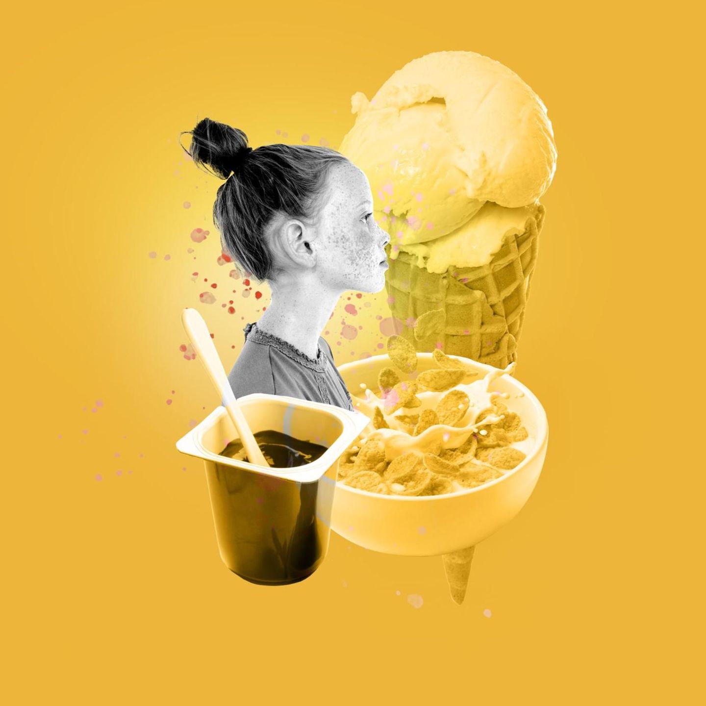 Illustration: Ein Mädchen mit Cornflakes, Eis und Pudding. Es hat Knieschmerzen
