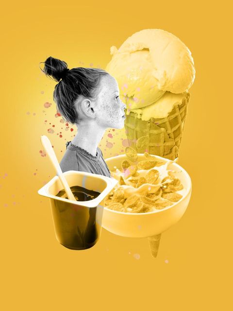 Illustration: Ein Mädchen mit Cornflakes, Eis und Pudding. Es hat Knieschmerzen
