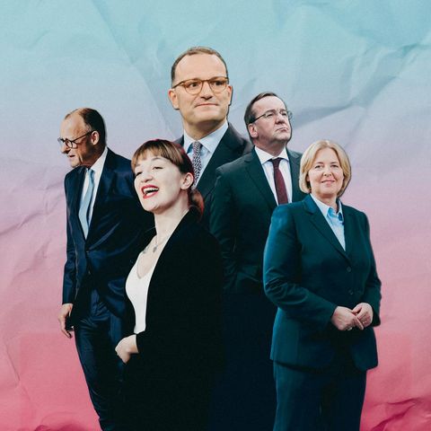 Collage für Umfrage: Rechinnek, Bas, Pistorius, Spahn und Merz vor einem rosa-blauen Hintergrund
