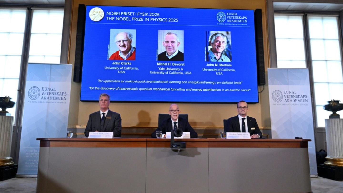 Das Nobel-Komitee unter Fotos der Preisträger