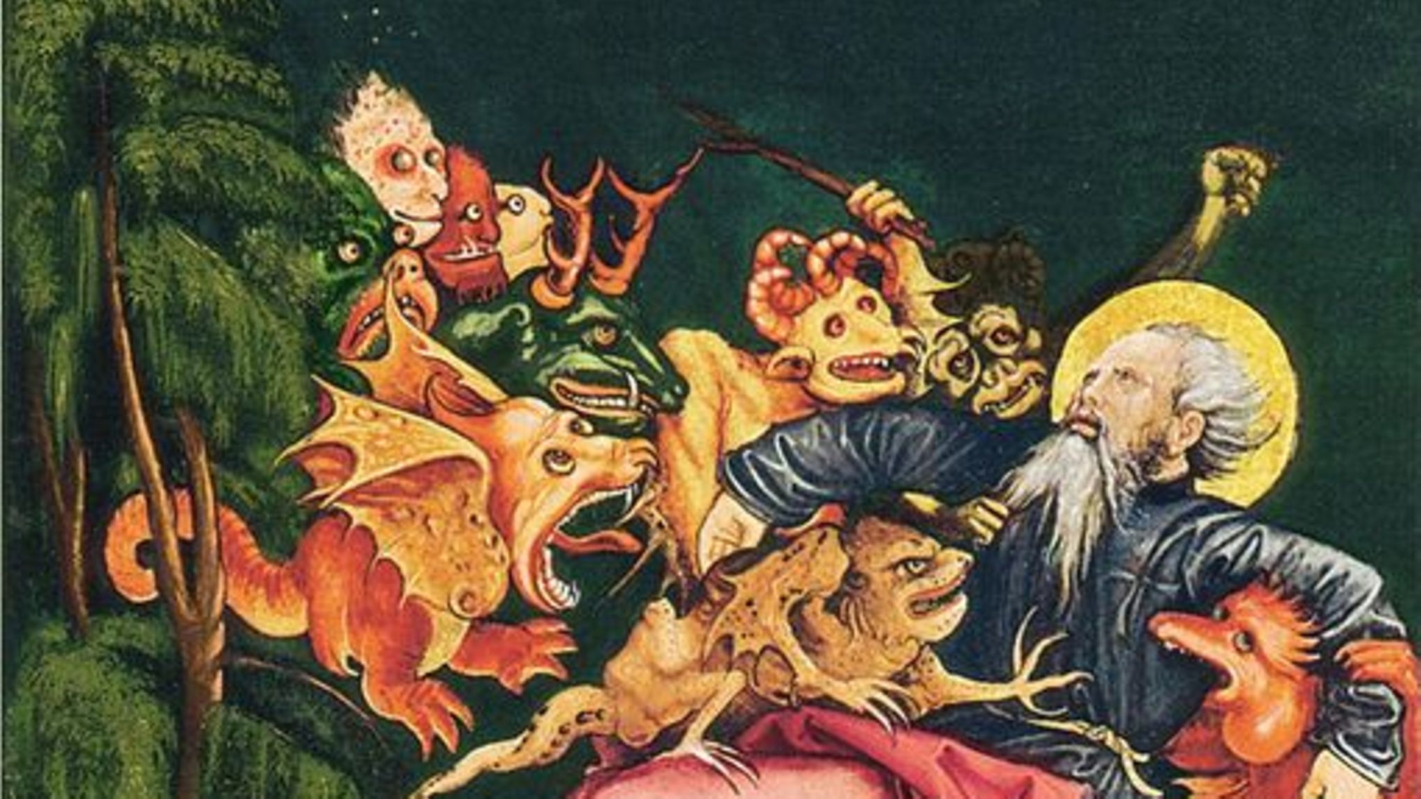 Gemälde eines Mannes mit Heiligenschein, der von Dämonen attackiert wird