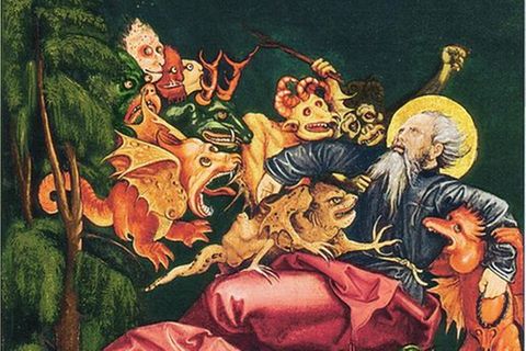 Gemälde eines Mannes mit Heiligenschein, der von Dämonen attackiert wird