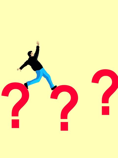 Symbolbild Quiz: Eine Mann-Comicfigur springt von einem überdimensionalen Fragezeichen zum nächsten