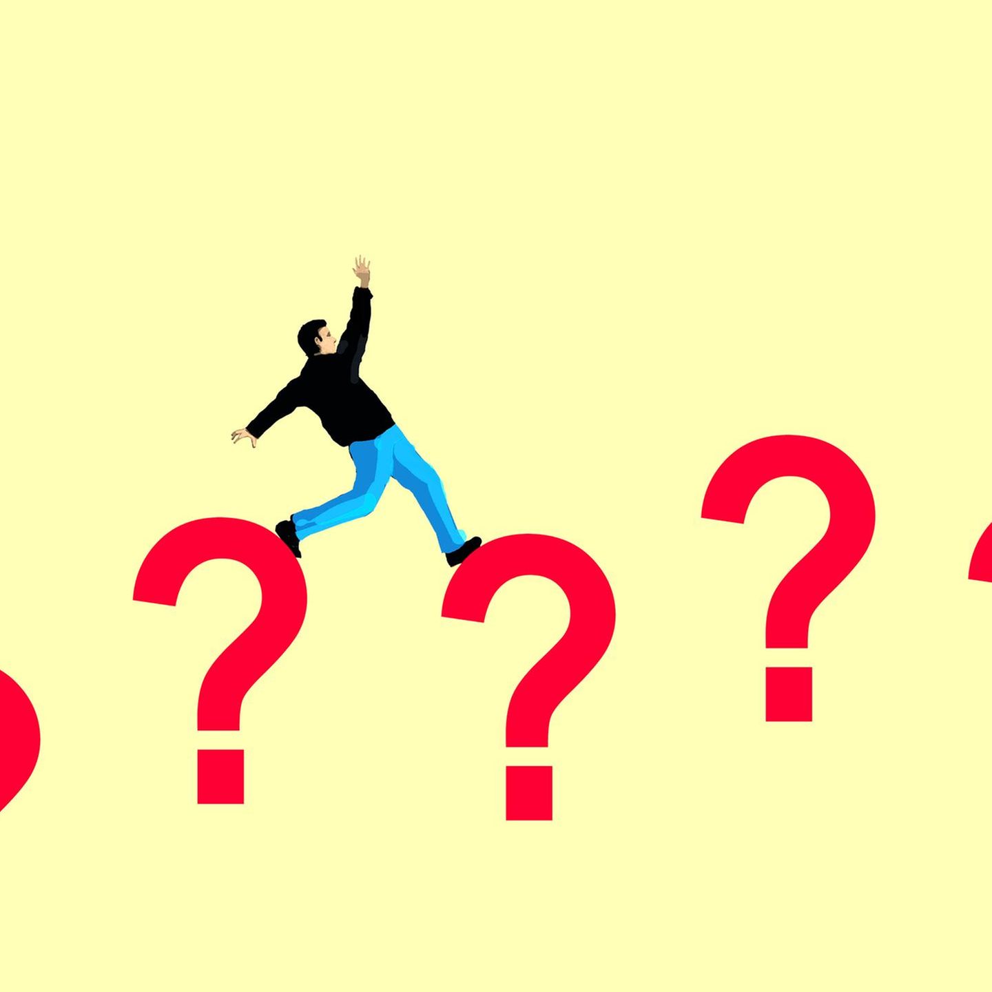 Symbolbild Quiz: Eine Mann-Comicfigur springt von einem überdimensionalen Fragezeichen zum nächsten