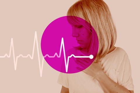 Epilepsie: Frau fasst sich an Brust. Grafische Einblendung Herzschlag-Symbol