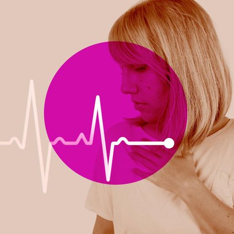 Epilepsie: Frau fasst sich an Brust. Grafische Einblendung Herzschlag-Symbol