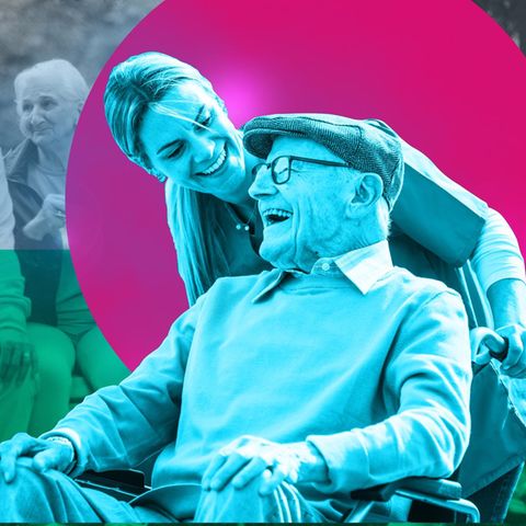 Eine illustrative Umsetzung eines lachenden alten Herren mit einer Pflegerin