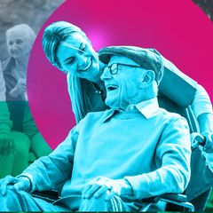 Eine illustrative Umsetzung eines lachenden alten Herren mit einer Pflegerin