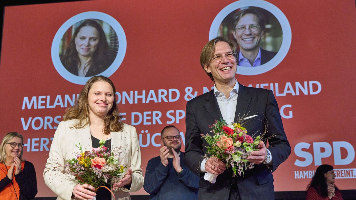 Melanie Leonhard und Nils Weiland erhielten bei ihrer Wiederwahl zu Hamburgs SPD Vorsitzenden etwas weniger Zustimmung als vor z