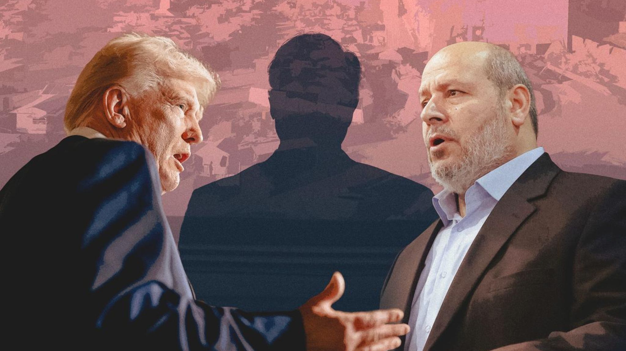 Donald Trump und Hamas-Chef Chalil al-Hayya, dazwischen der Schatten von Bishara Bahbah