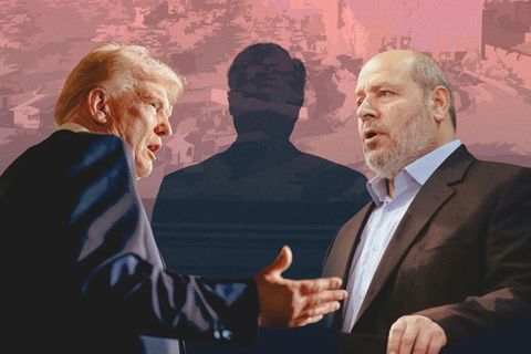 Donald Trump und Hamas-Chef Chalil al-Hayya, dazwischen der Schatten von Bishara Bahbah