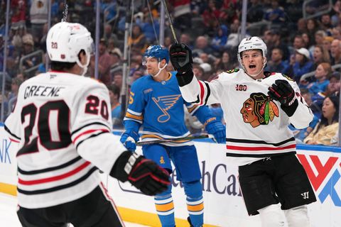 Lukas Reichel (r) erzielte erstmals zwei Tore in einem NHL-Spiel. Foto: Jeff Roberson/AP/dpa