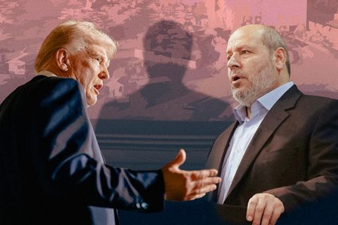 Donald Trump und Hamas-Chef Chalil al-Hayya, dazwischen der Schatten von Bishara Bahbah
