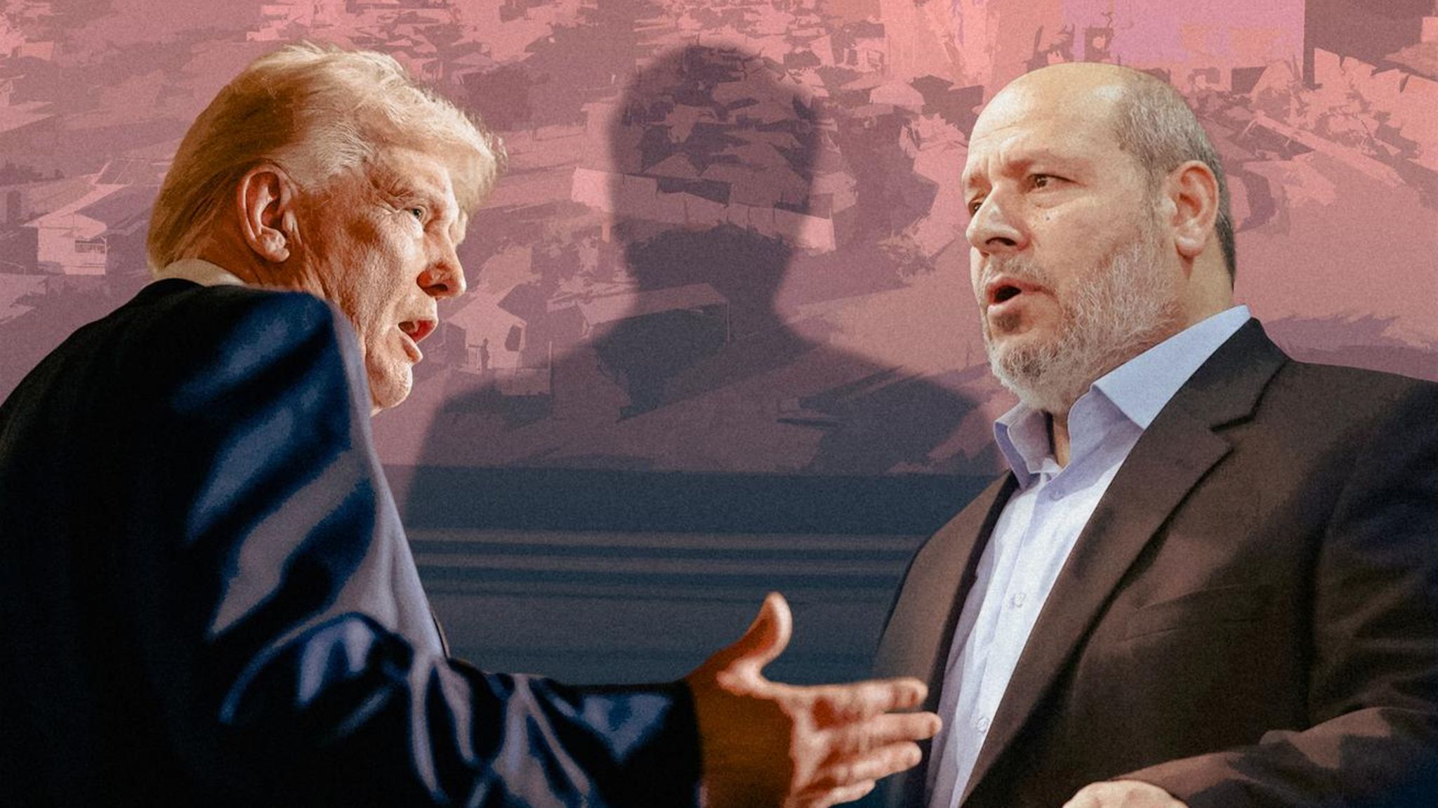 Donald Trump und Hamas-Chef Chalil al-Hayya, dazwischen der Schatten von Bishara Bahbah