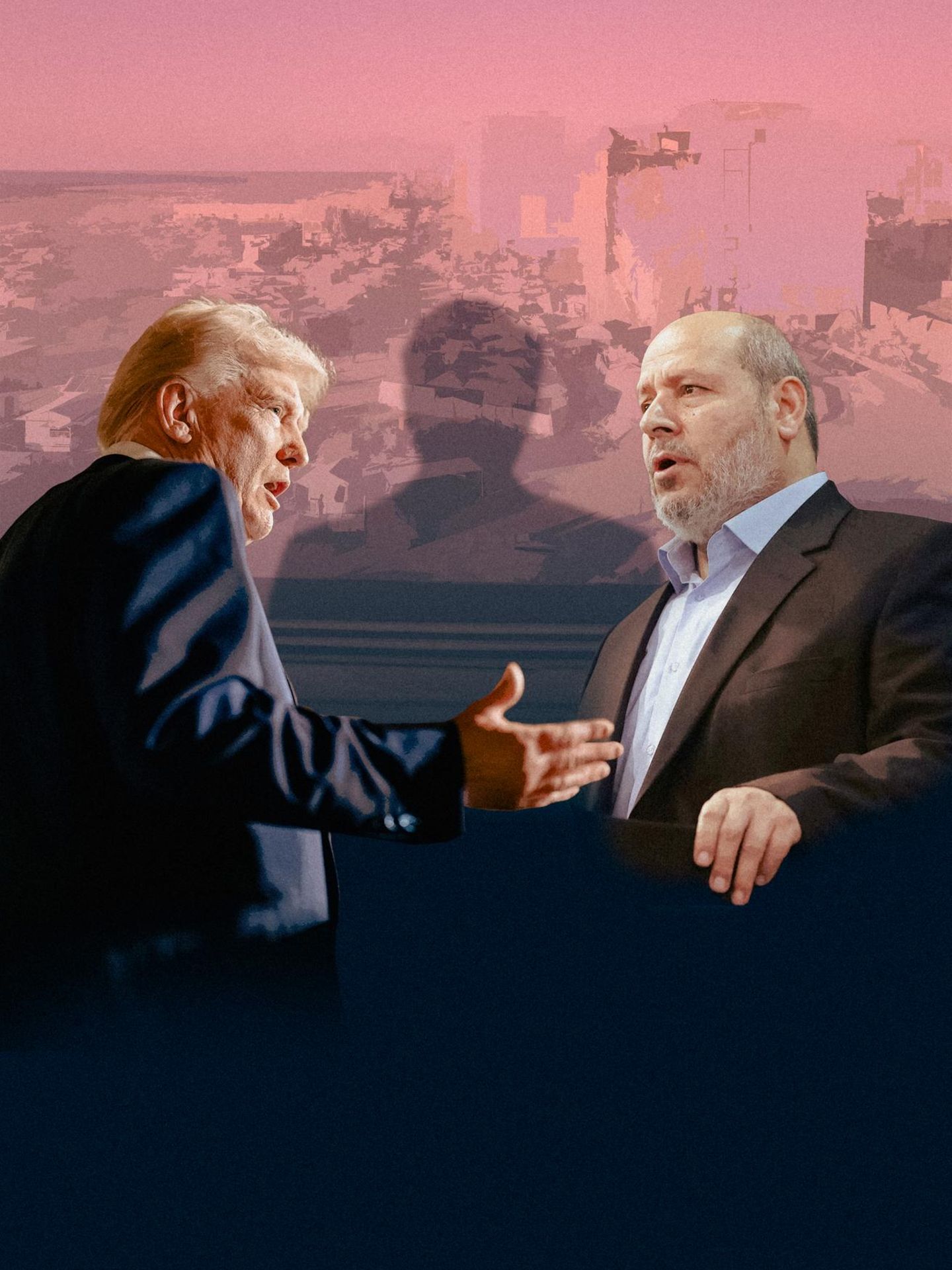 Donald Trump und Hamas-Chef Chalil al-Hayya, dazwischen der Schatten von Bishara Bahbah