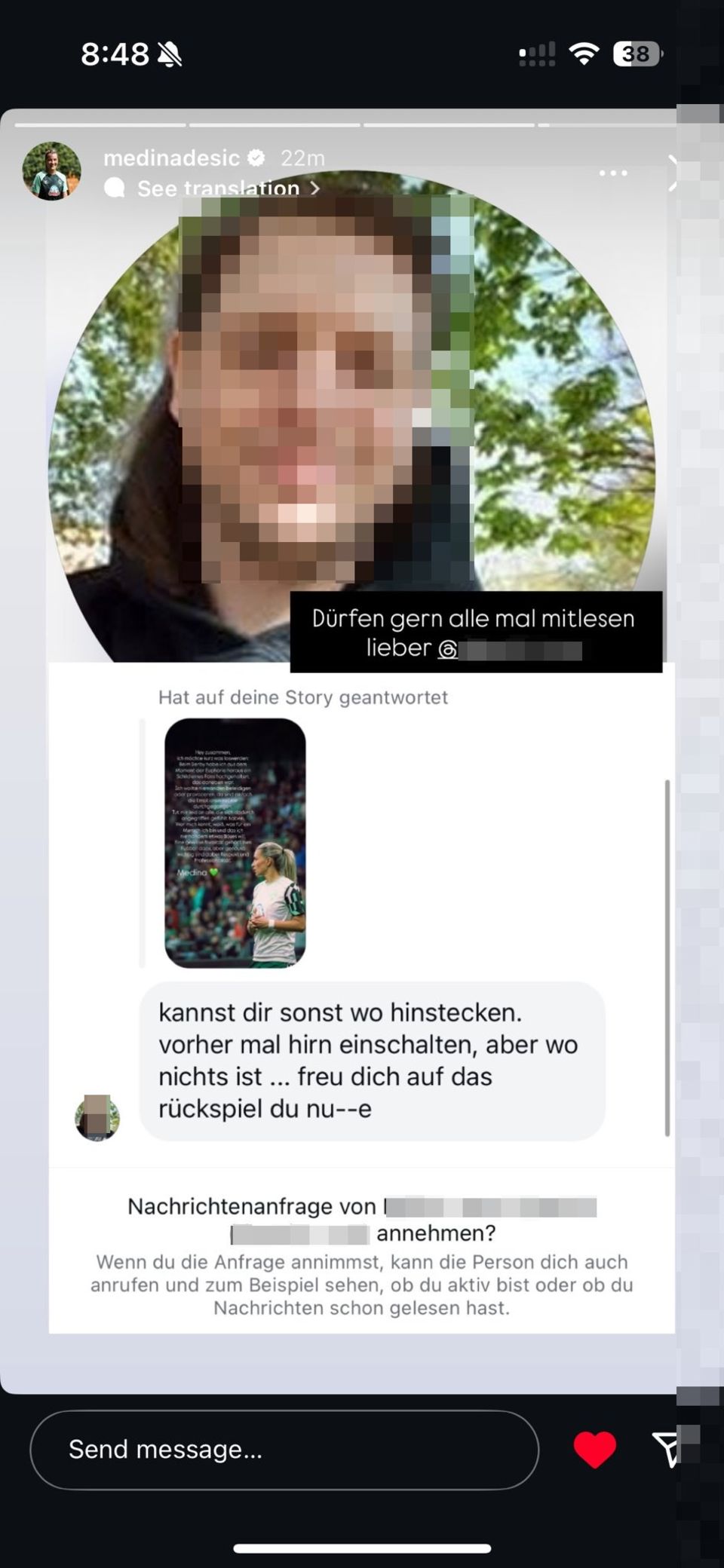 Diese Hass-Nachricht postete Medina Desic in ihrer Instagram-Story Diese Hass-Nachricht postete Medina Desic in ihrer Instagram-Story