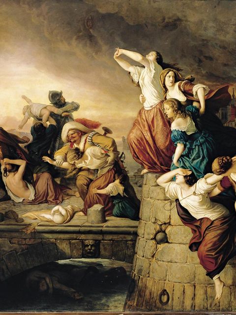 Verzweifelt stürzen sich Jungfrauen von Magdeburgs Mauern, um den feindlichen Söldnern zu entkommen: Rund 220 Jahre nach dem Blutbad malt Eduard Steinbrück, ein Sohn der Stadt, diese Szene