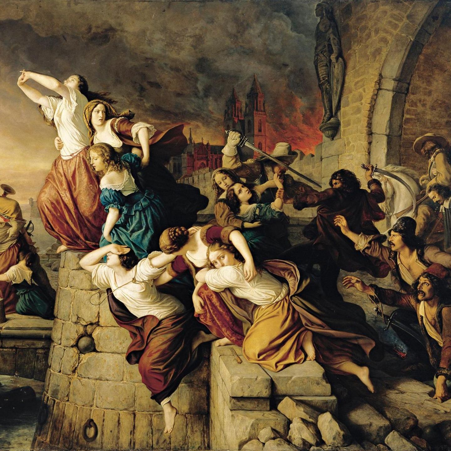 Verzweifelt stürzen sich Jungfrauen von Magdeburgs Mauern, um den feindlichen Söldnern zu entkommen: Rund 220 Jahre nach dem Blutbad malt Eduard Steinbrück, ein Sohn der Stadt, diese Szene